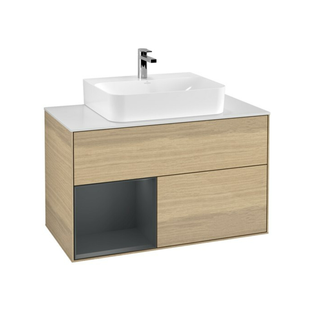 V&B Meuble sous lavabo Finion 100, placage bois, tiroir gauche avec blanc mat, ouverture à pression