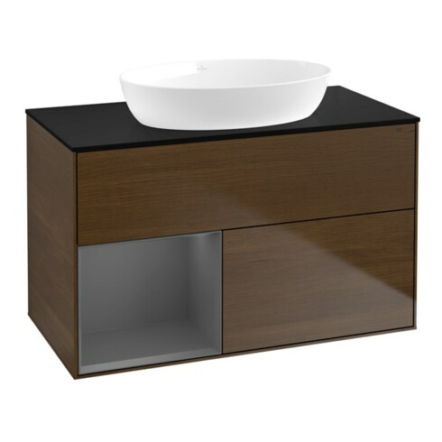 V&B Meuble sous lavabo Finion 100, placage bouleau, anthracite mat, laqué, veinage noyer