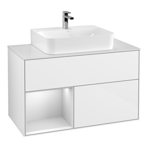 V&B Meuble sous lavabo Finion 100, placage bouleau, côté gauche, blanc laqué, brillant