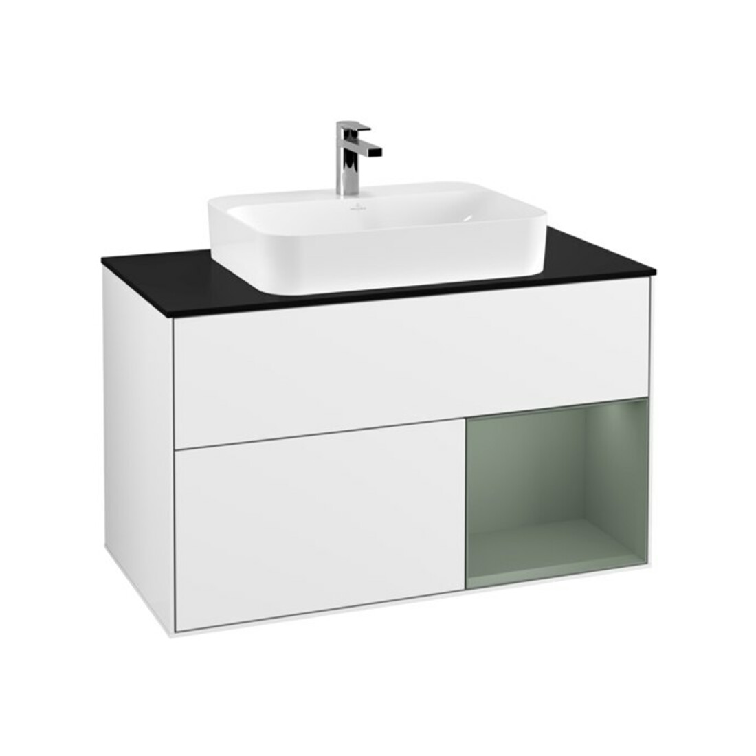 V&B Meuble sous lavabo Finion 100, placage bouleau, laque rouge olive, laque blanche brillante