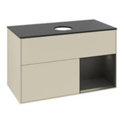 V&B Meuble sous lavabo Finion 100, placage bouleau mat, rangement blanc mat lacqué, poignée gris mat lacqué