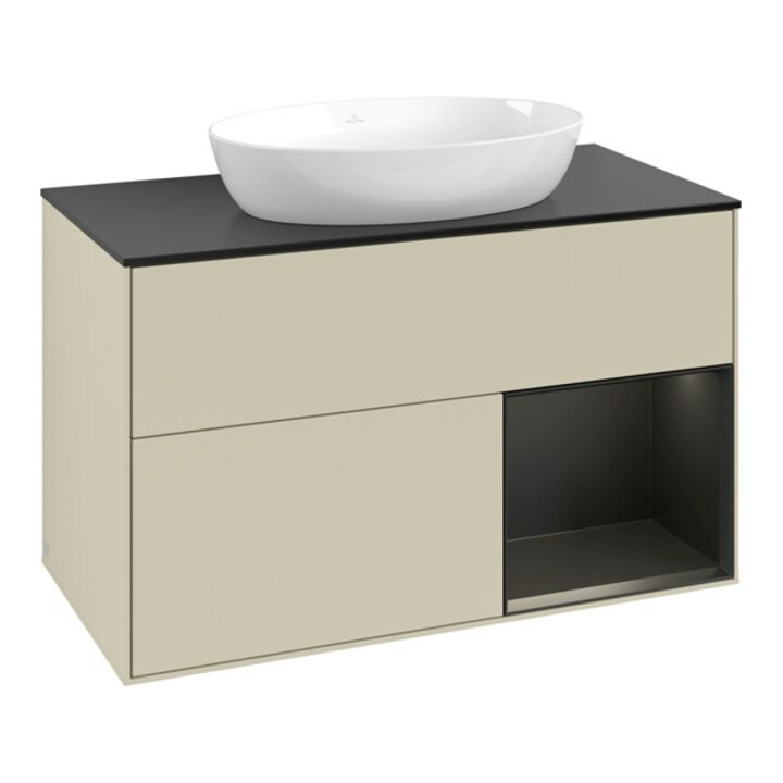 V&B Meuble sous lavabo Finion 100, placage bouleau mat, rangement blanc mat lacqué, poignée gris mat lacqué