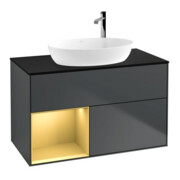 V&B Meuble sous lavabo Finion 100, placage bouleau mat, réglette dorée mat, médium bleu mat