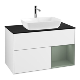 V&B Meuble sous lavabo Finion 100, placage bouleau, rangement huile, laqué blanc brillant