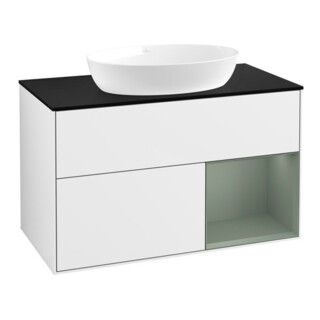 V&B Meuble sous lavabo Finion 100, placage bouleau, rangement olivier, laqué blanc brillant