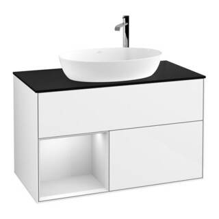 V&B Meuble sous lavabo Finion 100, placage bouleau, réglette blanche, laqué brillant blanc