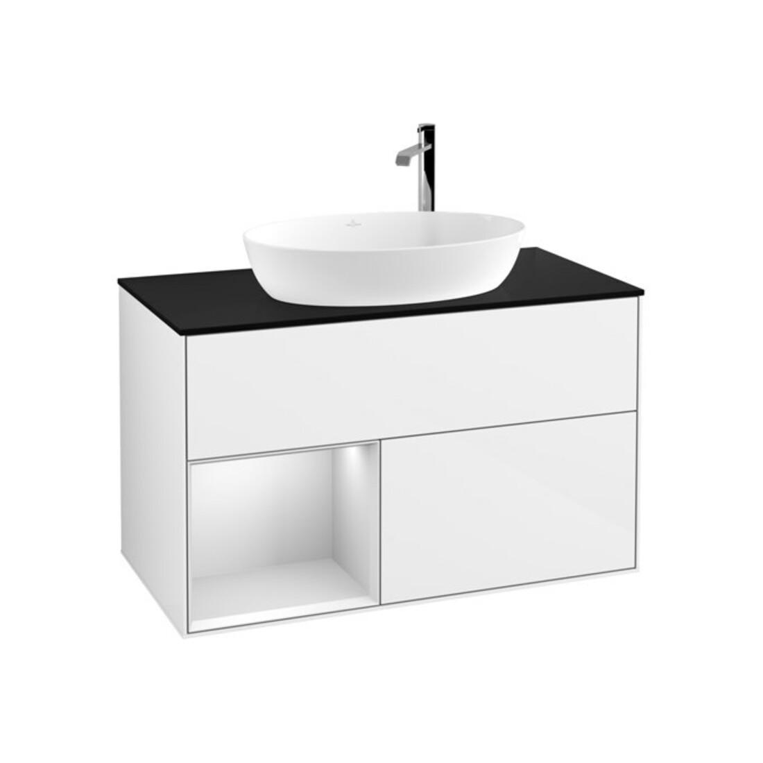 V&B Meuble sous lavabo Finion 100, placage bouleau, réglette blanche, laqué brillant blanc