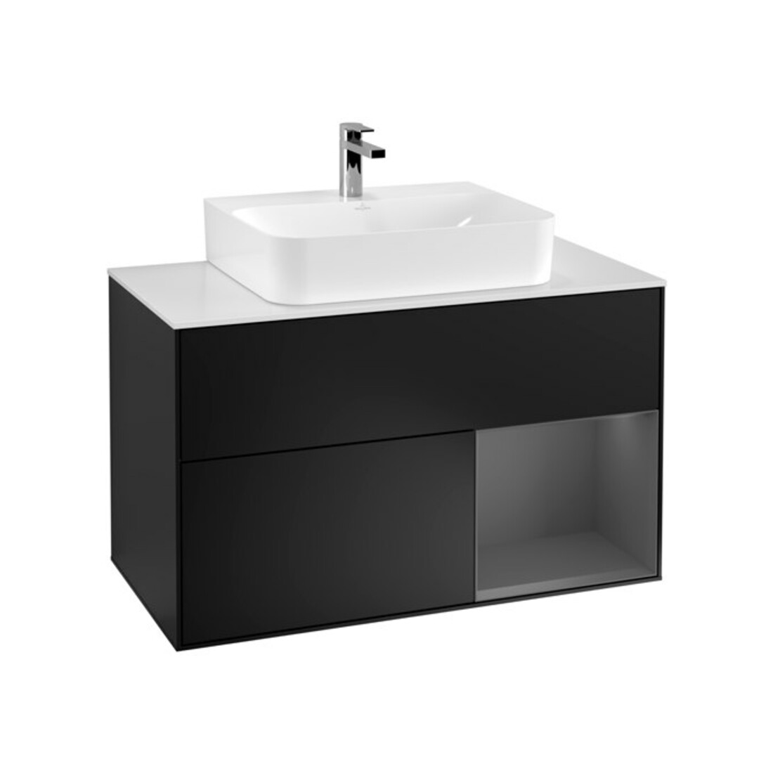V&B Meuble sous lavabo Finion 100, placage chêne, anthracite mat, bleu mat laqué