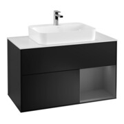 V&B Meuble sous lavabo Finion 100, placage chêne, anthracite mat, façade bleue mat laquée