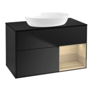 V&B Meuble sous-lavabo Finion 100, placage chêne bleu, tiroir ouvert, bleu mat laqué
