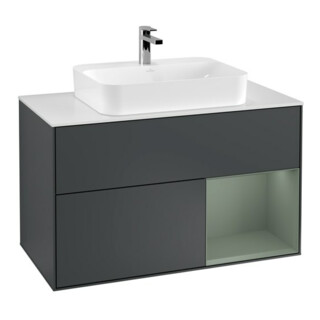 V&B Meuble sous lavabo Finion 100, placage chêne, laqué blanc mat, façade laquée bleu mat