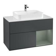V&B Meuble sous lavabo Finion 100, placage chêne, laqué blanc mat, façade laquée bleu mat