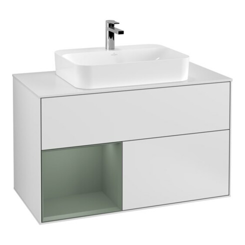 V&B Meuble sous lavabo Finion 100, placage noyer, côté gauche, laqué blanc