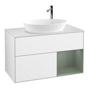 V&B Meuble sous-lavabo Finion 100, placage noyer, réglette huile, laqué blanc brillant