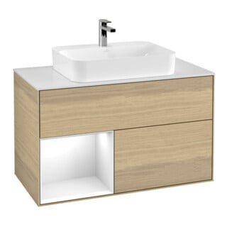 V&B Meuble sous lavabo Finion 100, placage noyer, tiroir gauche, laqué blanc brillant, ouverture automatique