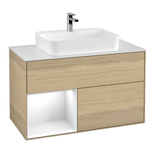 V&B Meuble sous lavabo Finion 100, placage noyer, tiroir gauche, laqué blanc brillant, ouverture automatique