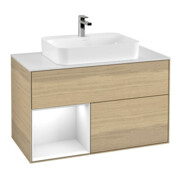 V&B Meuble sous lavabo Finion 100, placage noyer, tiroir gauche, laqué blanc brillant, ouverture automatique