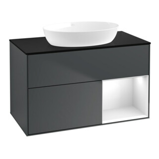 V&B Meuble sous-lavabo Finion 100, plan blanc mat, façade gris clair laqué, avec miroir laqué bleu