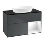 V&B Meuble sous-lavabo Finion 100, plan blanc mat, façade gris clair laqué, avec miroir laqué bleu