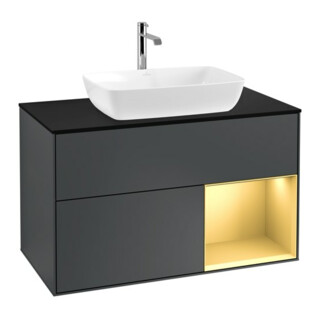 V&B Meuble sous lavabo Finion 100, plan blanc mat, rangement or mat, miroir blanc mat