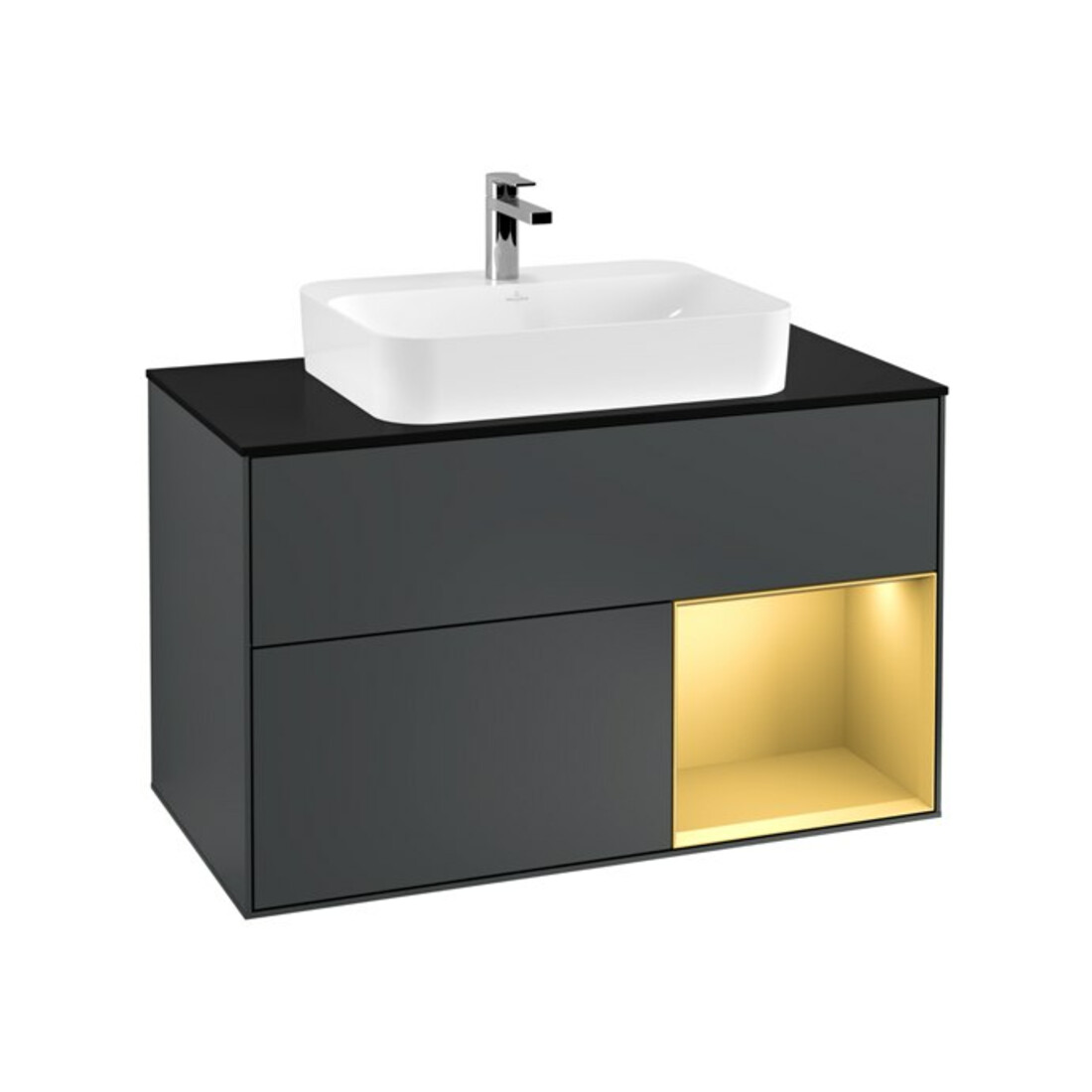 V&B Meuble sous lavabo Finion 100, plan blanc mat, rangement réglable, miroir blanc mat Lac