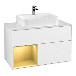 V&B Meuble sous lavabo Finion 100, plan bleu mat, rangement gauche, poignée métal, blanc brillant. Lac