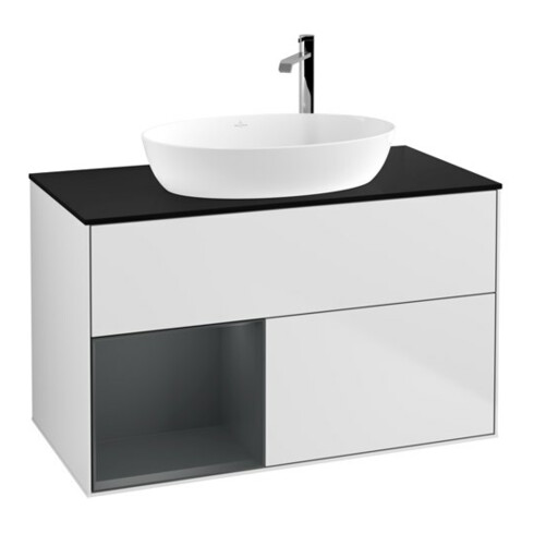 V&B Meuble sous lavabo Finion 100, plan bleu mat, rangement moyen mat laqué, blanc mat laqué