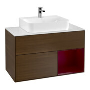 V&B Meuble sous lavabo Finion 100, plan de couv. blanc mat, étagère droite Peo, noyer veinée