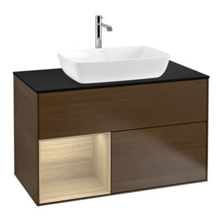 V&B Meuble sous lavabo Finion 100, plan de couv. bleu mat, étagère Oa ven, noyer ven