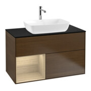 V&B Meuble sous lavabo Finion 100, plan de couv. bleu mat, étagère Oa ven, noyer ven