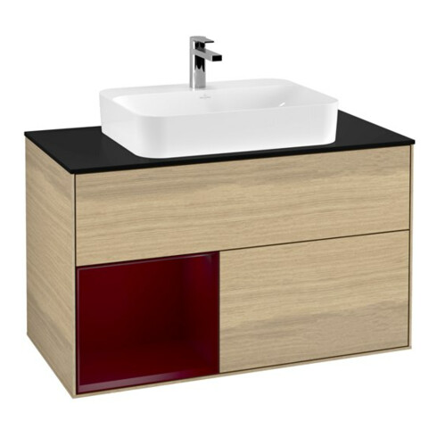 V&B Meuble sous-lavabo Finion 100, plan de découpe bleu mat, étagère gauche Peo, Oa ven