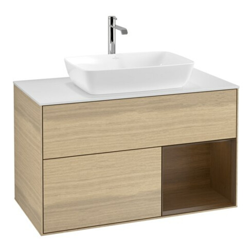 V&B Meuble sous-lavabo Finion 100, plan de travail blanc, étagère wal ven, Oa ven