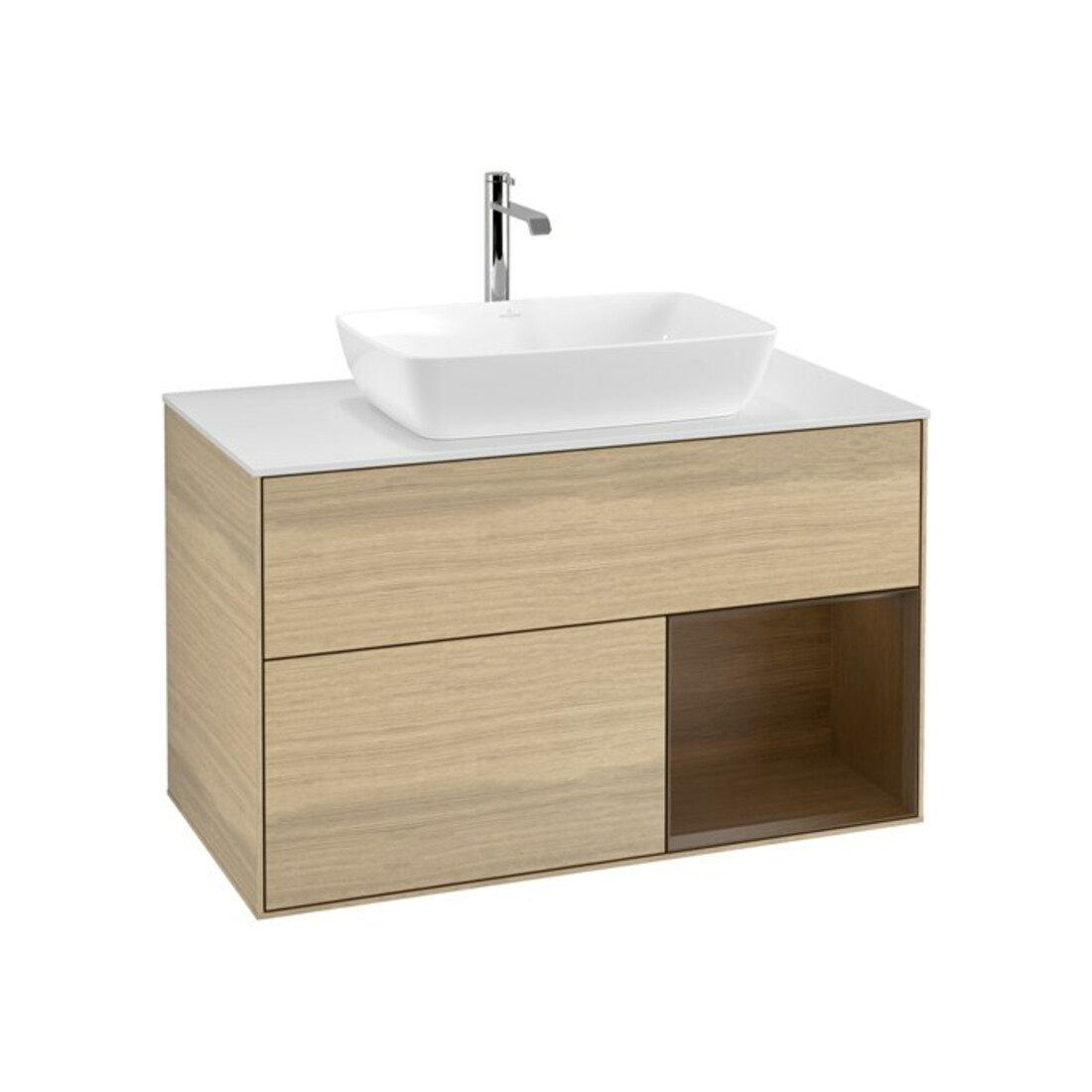 V&B Meuble sous-lavabo Finion 100, plan de travail blanc, étagère wal ven, Oa ven