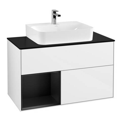 V&B Meuble sous-lavabo Finion 100, Plaque blanc mat, Chêne laqué bleu mat, laqué brillant blanc