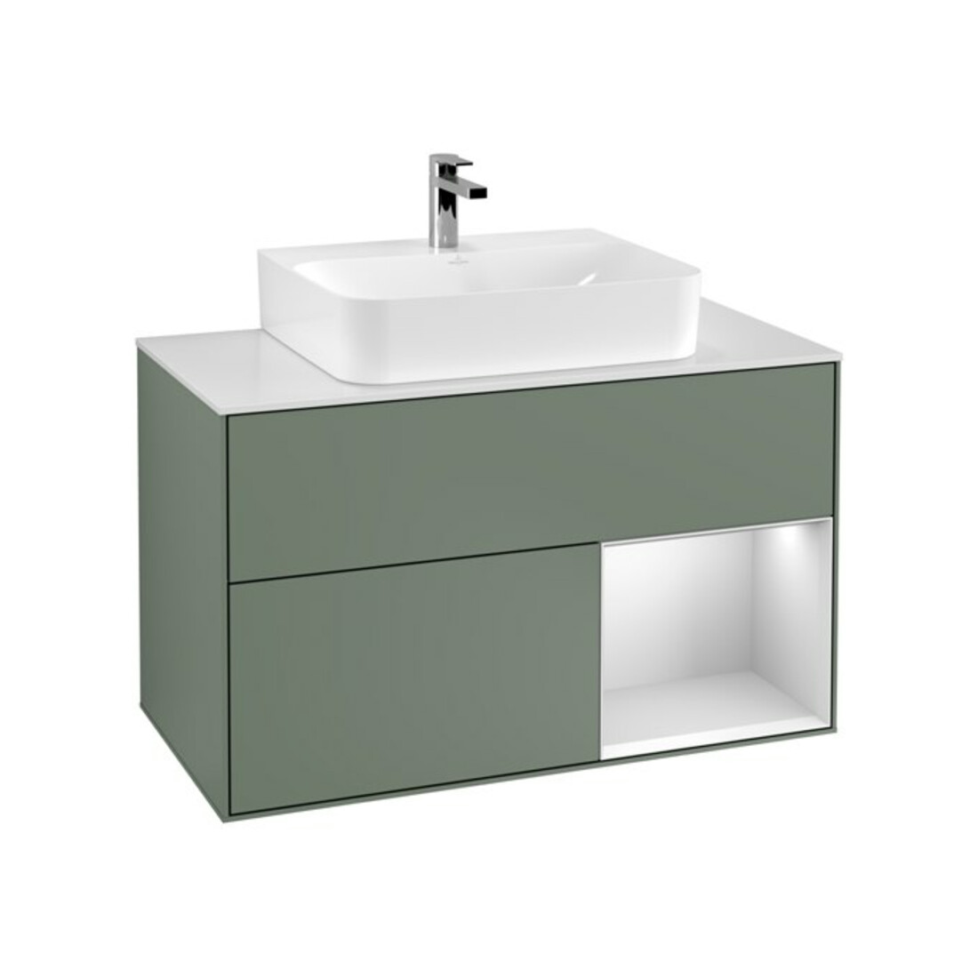 V&B Meuble sous lavabo Finion 100, Plaqué blanc mat, côté droit blanc laqué, olivier laqué