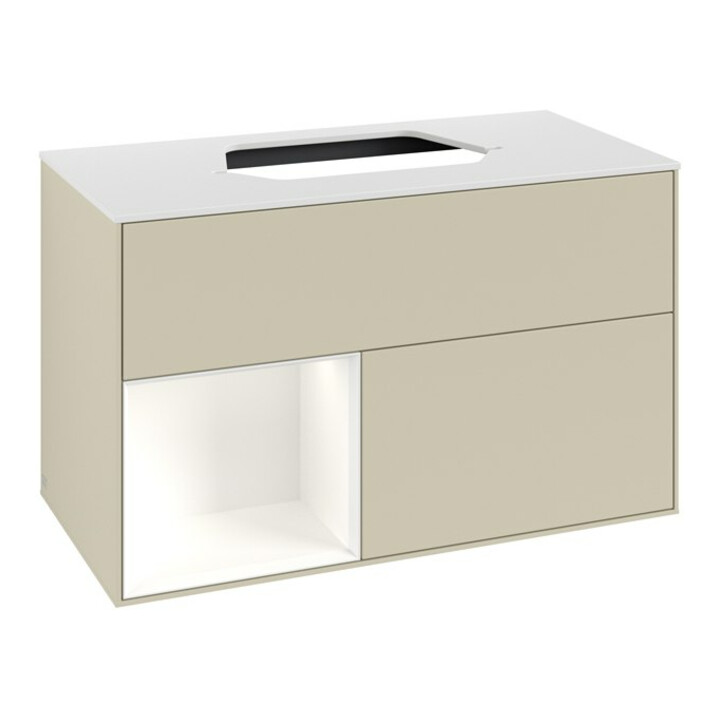 V&B Meuble sous-lavabo Finion 100, Plaque blanche mat, Porte gauche blanche mat laquée, poignée gris mat laquée