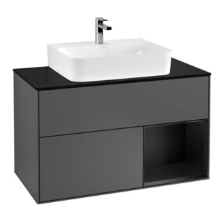 V&B Meuble sous lavabo Finion 100, plaque blanche mat, rangement droite, bleu mat lacqué, anthracite mat