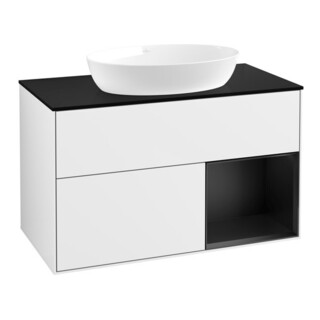 V&B Meuble sous-lavabo Finion 100, Plaque blanche mate, Tiroir bleu mat Lac, blanc brillant Lac
