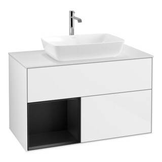 V&B Meuble sous lavabo Finion 100, plaque blanche mate, tiroir bleu mat laqué, blanc brillant laqué