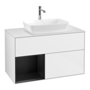 V&B Meuble sous lavabo Finion 100, plaque blanche mate, tiroir bleu mat laqué, blanc brillant laqué