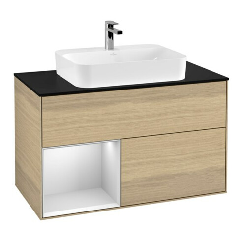 V&B Meuble sous lavabo Finion 100, Plaque bleue mat, Tiroir gauche blanc mat, Lac, Oa ven