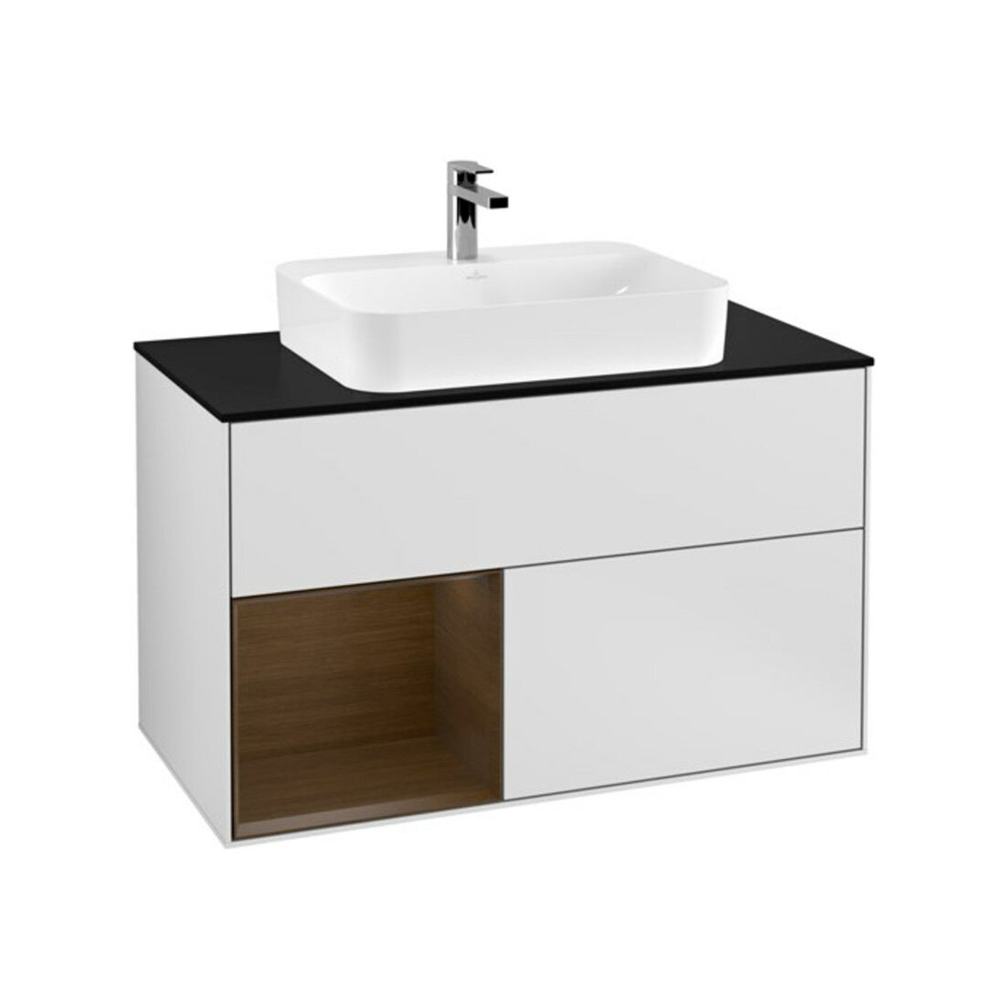 V&B Meuble sous lavabo Finion 100, Plaque bleue, Tiroir gauche, blanc mat laqué