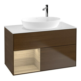 V&B Meuble sous lavabo Finion 100, plaque d'abattant blanc, étagère Oa ven, wal ven