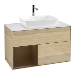 V&B Meuble sous lavabo Finion 100, plaque de fixation blanche, étagère wal ven, Oa ven