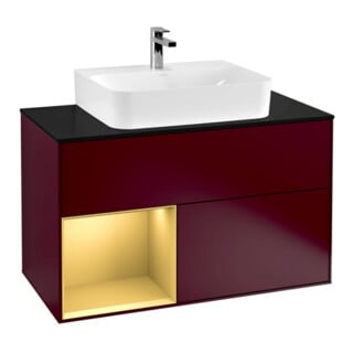 V&B Meuble sous-lavabo Finion 100, plaque de recouvrement blanche, tiroir gauche, poignée métal Peo