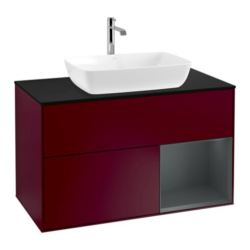 V&B Meuble sous-lavabo Finion 100, plaque de recouvrement bleue, étagère médiane avec laque, poignée métallique