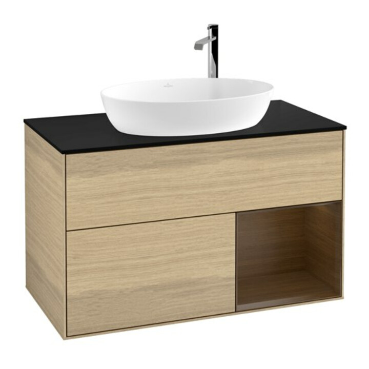 V&B Meuble sous lavabo Finion 100, plaque de recouvrement bleue, étagère réglable, porte battante