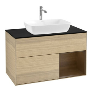 V&B Meuble sous-lavabo Finion 100, plaque de recouvrement bleue, étagère réglable ven, ouverture ven