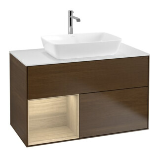 V&B Meuble sous lavabo Finion 100, plaque d'habillage blanche, étagère réglable, placage noyer