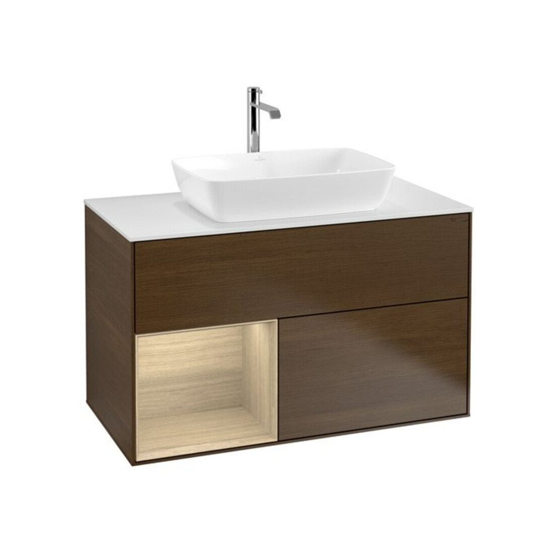 V&B Meuble sous lavabo Finion 100, plaque d'habillage blanche, étagère réglable, placage noyer